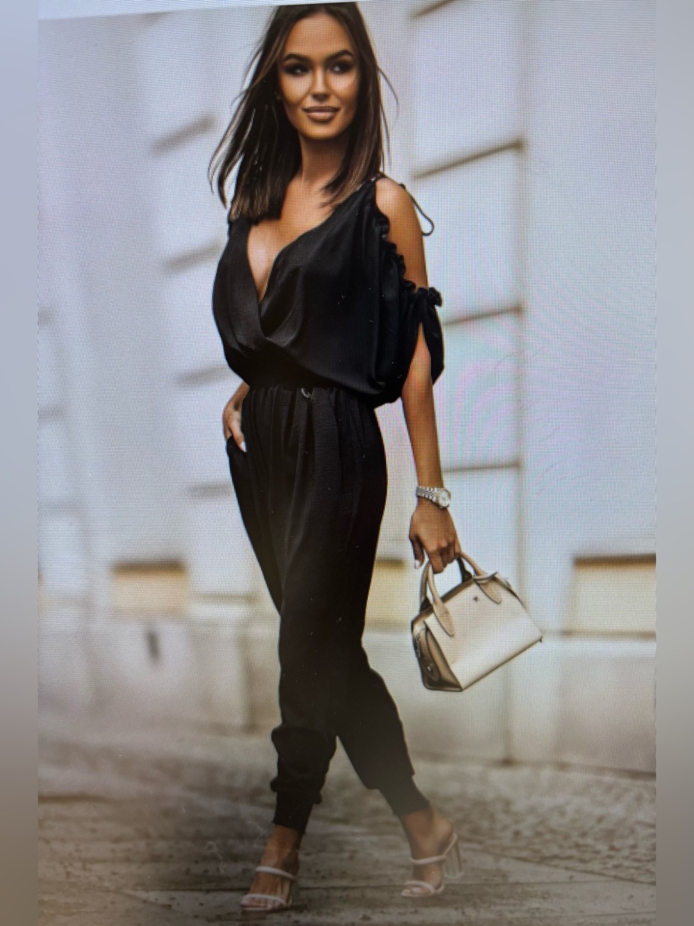 One piece v-neck off pocket elastic waist full length casual romper